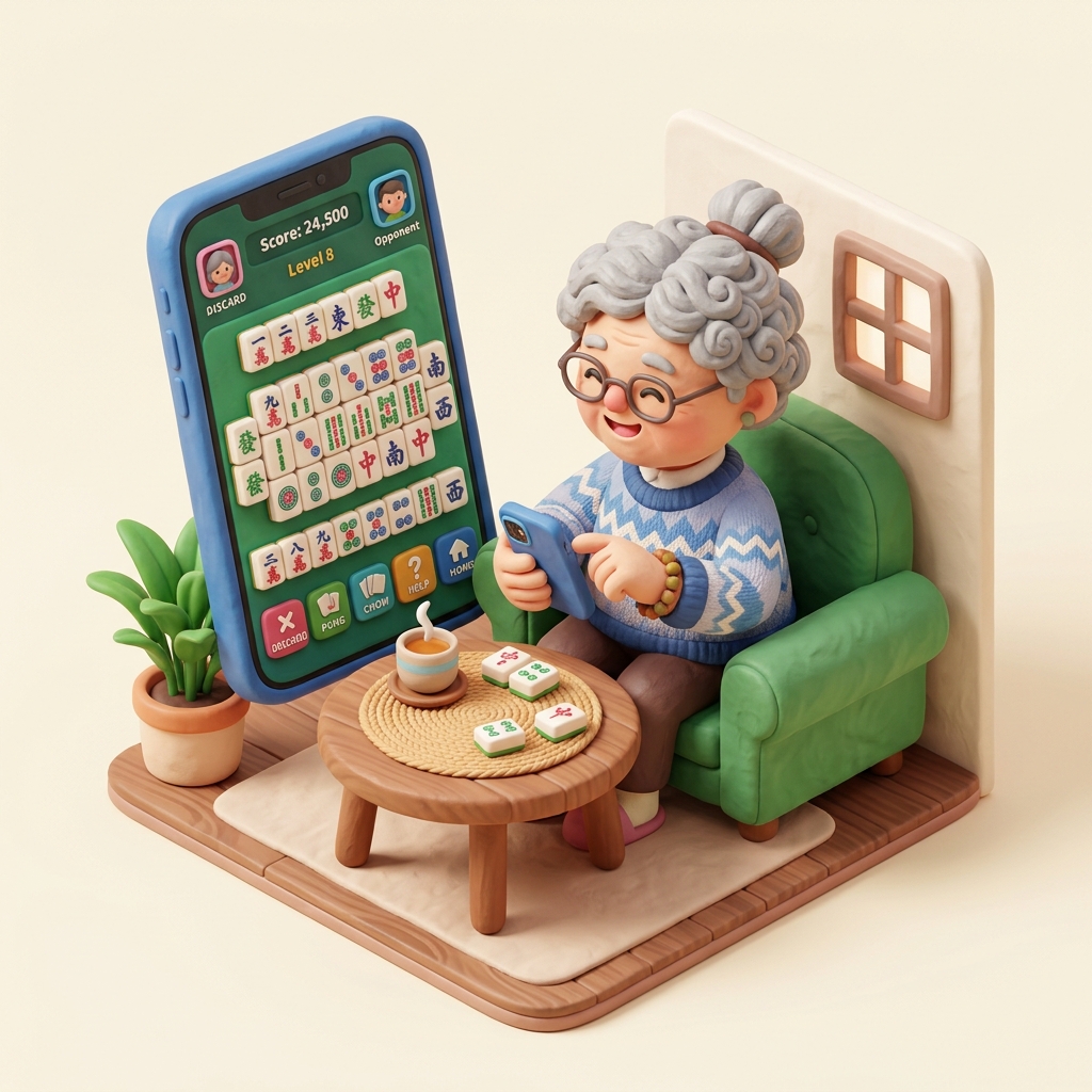 3D黏土風：長輩開心打麻將