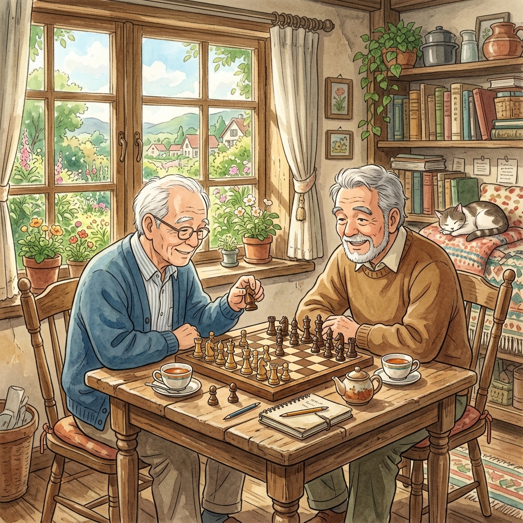 吉卜力風：兩位長輩下棋