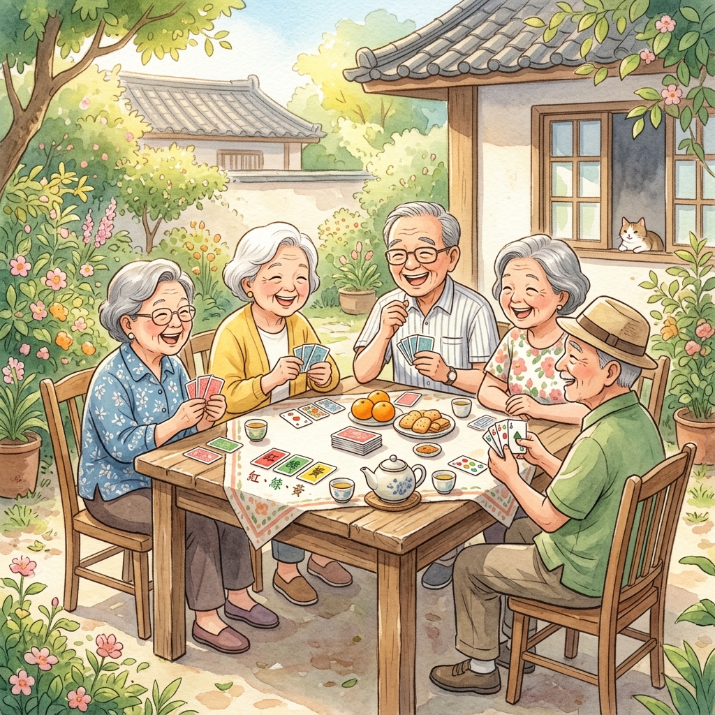 水彩風：長輩聚會玩骨牌